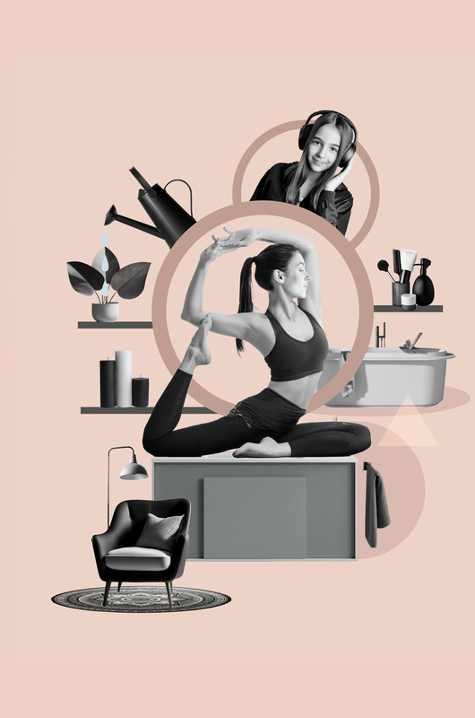 Collage Lifestyle-Badezimmer Die Illustration zeigt eine Collage mit Produkten für ein Lifestyle-Badezimmer